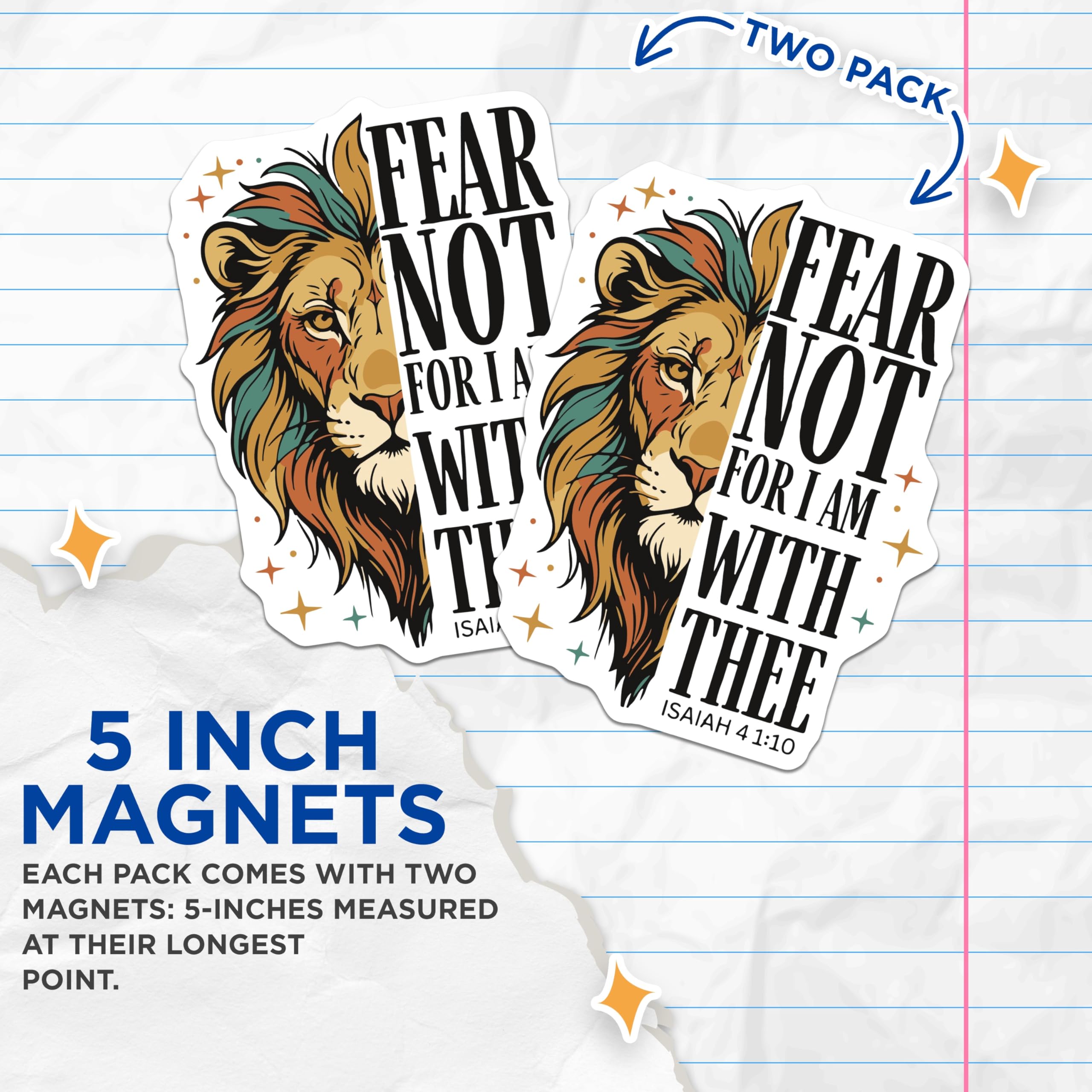 (2 Pack) Lion Isaiah Quote Magnets - Fear Not Scripture - Religious Bible Verses - 5" On Longest Side - Premium Magnet - for Cars, Refrigerators, Toolboxes, Lockers - Made in USA - MAG14044
