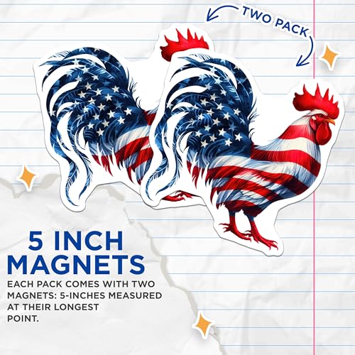 (2 Pack) American Flag Rooster Magnets - Patriotic Bird Decor - USA Independence Day - Farmhouse Kitchen Magnets - 5" On Longest Side - for Cars, Fridges, Toolboxes - Made in USA - MAG7085