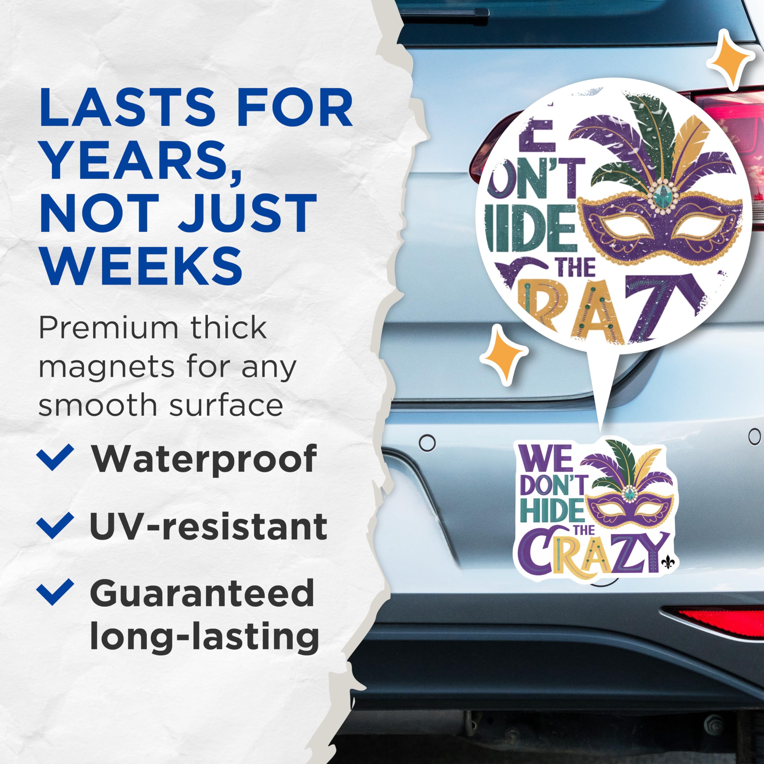 (2 Pack) Mardi Gras Magnets - We Dont Hide The Crazy - Mask and Feathers - 5" On Longest Side - Premium Magnet - for Cars, Refrigerators, Toolboxes, Lockers - Made in USA - MAG14646