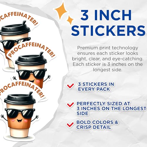 (3 Pack) Procaffeinator Decals - Coffee Lover Decals - Laptop Decal - 3 Inches On Longest Side - Easy Peel & Apply - Made in USA - 3MCS2060