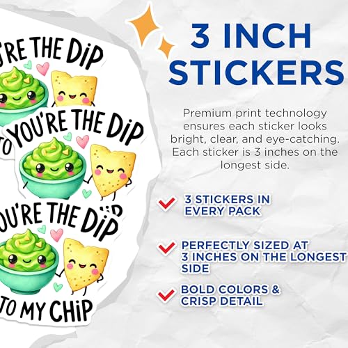 (3 Pack) Funny Food Decals - Dip and Chip - Cute Laptop Decal - 3 Inches On Longest Side - Easy Peel & Apply - Made in USA - 3MCS2220