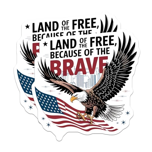 (2 Pack) Land of The Free Stickers - Patriotic Eagle - American Pride Sticker Pack - 5" On Longest Side - Sticks to Smooth Flat Surfaces - Made in USA - BMCS6211