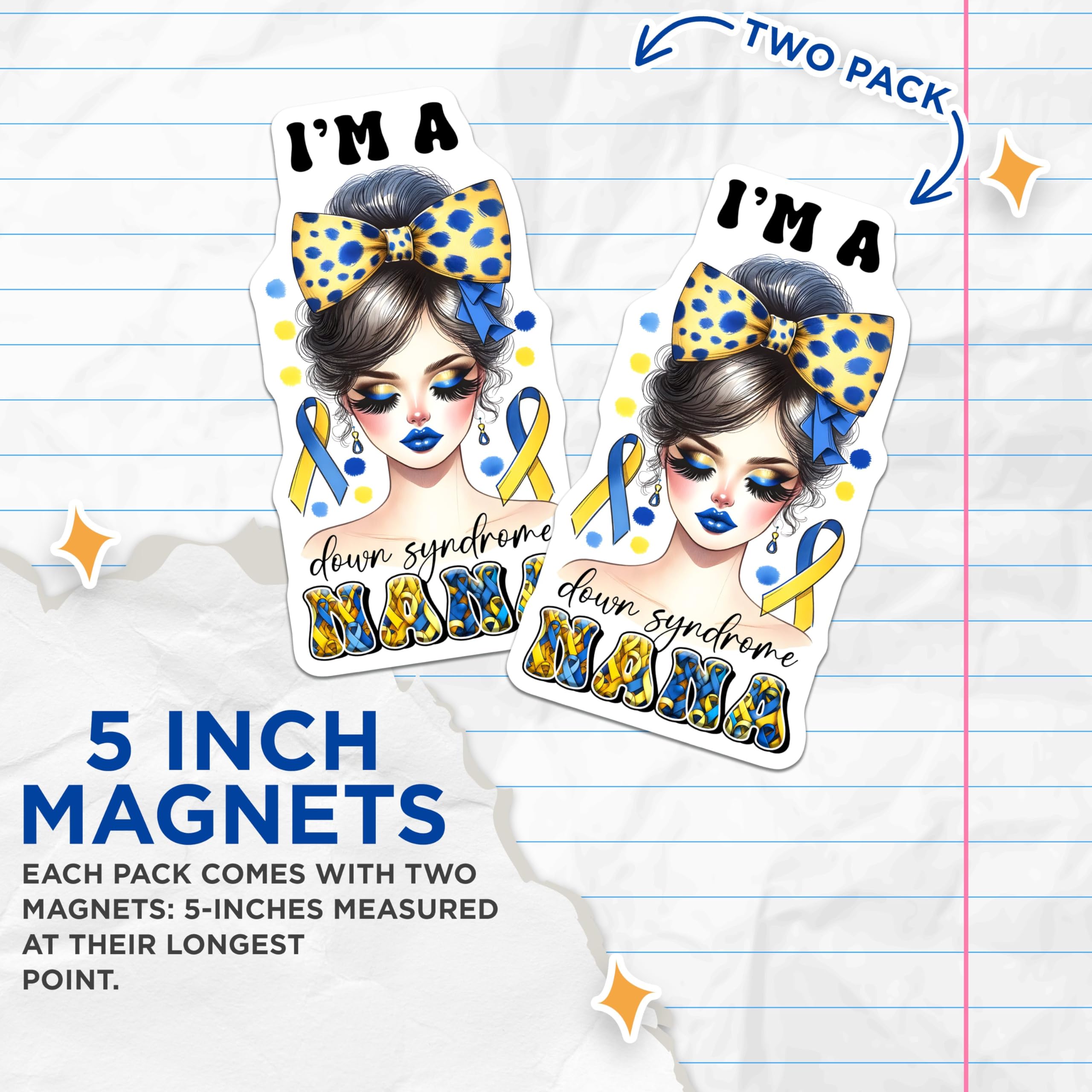 (2 Pack) Down Syndrome Mama Magnets - Blue and Yellow Ribbon Decor - Awareness Support - 5" On Longest Side - for Cars, Fridges, Toolboxes - Made in USA - MAG8197