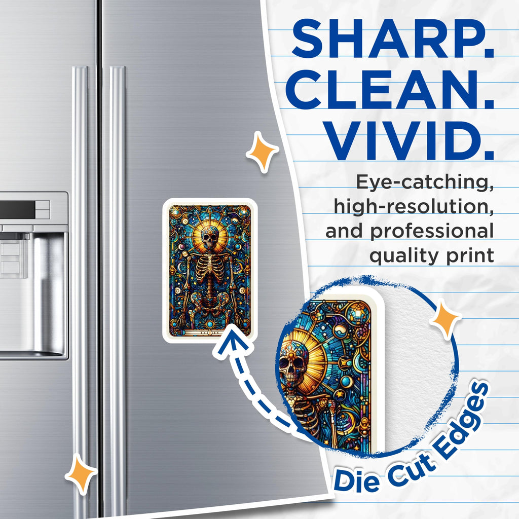 (2 Pack) Vibrant Stained Glass Skeleton Magnets - Intricate Cosmic Skull Art Decor - Celestial Mystic Refrigerator Magnets - 5 Inches On Longest Side - Thick Durable Magnet - Made in USA - MAG22473