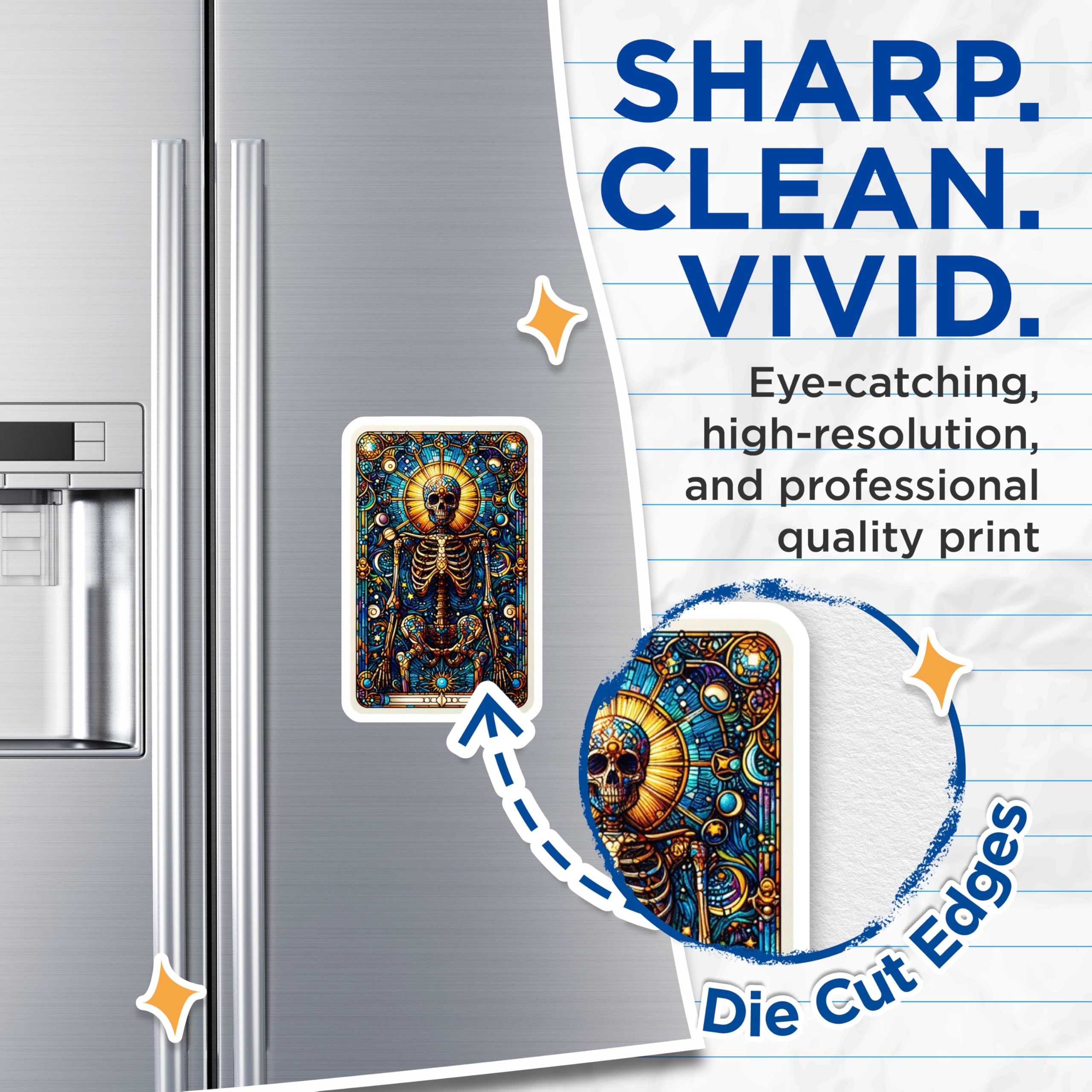 (2 Pack) Vibrant Stained Glass Skeleton Magnets - Intricate Cosmic Skull Art Decor - Celestial Mystic Refrigerator Magnets - 5 Inches On Longest Side - Thick Durable Magnet - Made in USA - MAG22473