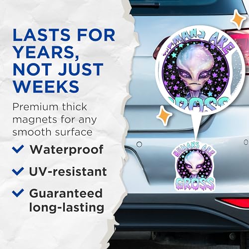(2 Pack) Humans are Gross Magnets - Alien Art - Purple Green Stars - 5" On Longest Side - for Cars, Fridges, Toolboxes - Made in USA - MAG7763