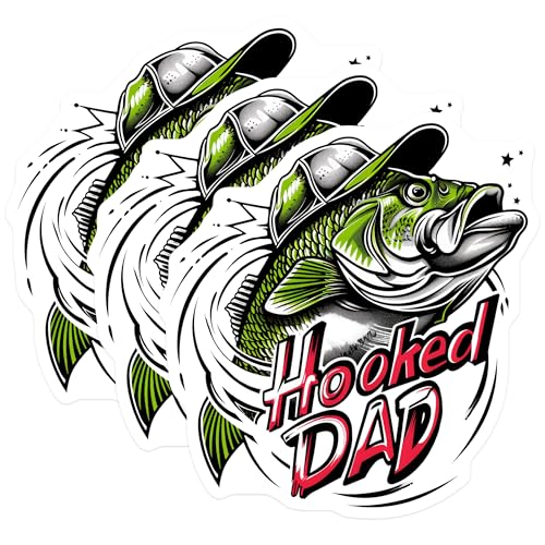 (3 Pack) Hooked Dad Decals - Bass Fishing Stickers - Father's Day Decals - 3 Inches On Longest Side - Easy Peel & Apply - Made in USA - 3MCS2268