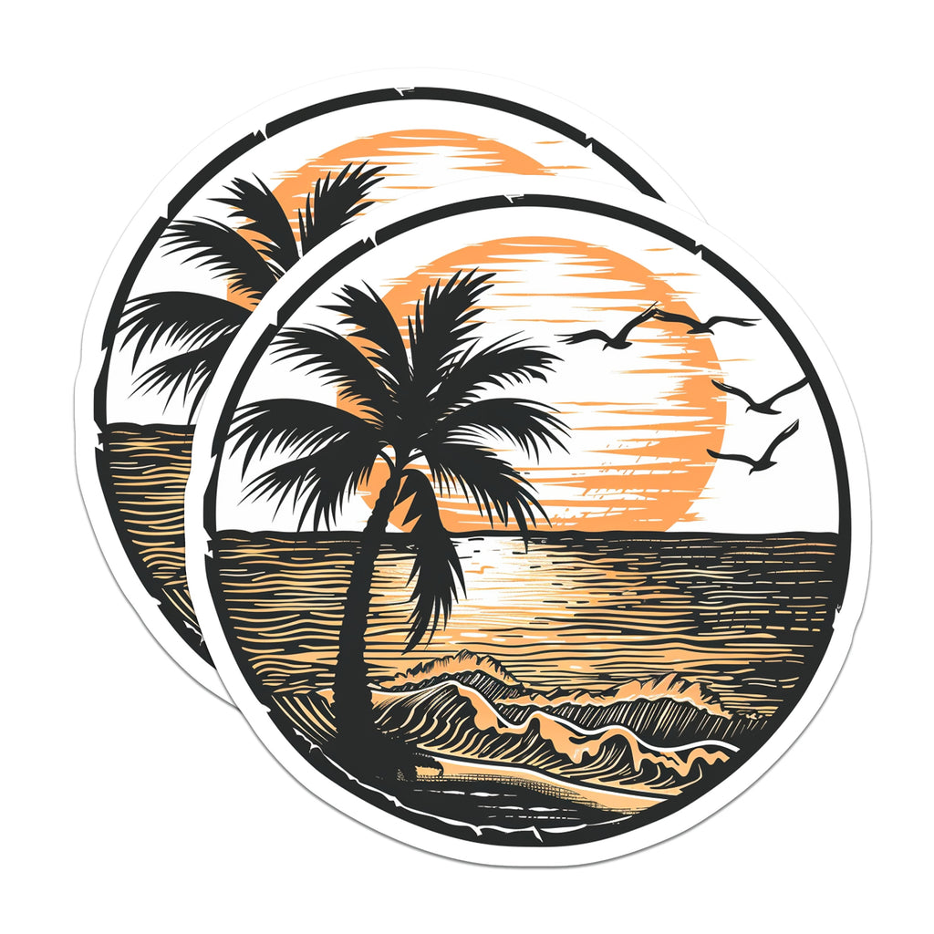 (2 Pack) Palm Tree Sunset Magnets - Coastal Beach Scene - Ocean Waves Tropical Decor - Vacation Memory Fridge Accessory - 5 Inches On Longest Side - Thick Durable Magnet - Made in USA - MAG38041