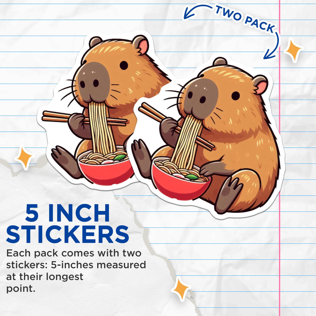 (2 Pack) Capybara Eating Noodles Stickers - Cute Animal Stickers - Funny Food Stickers - 5" On Longest Side - Sticks to Smooth Flat Surfaces - Made in USA - BMCS9911