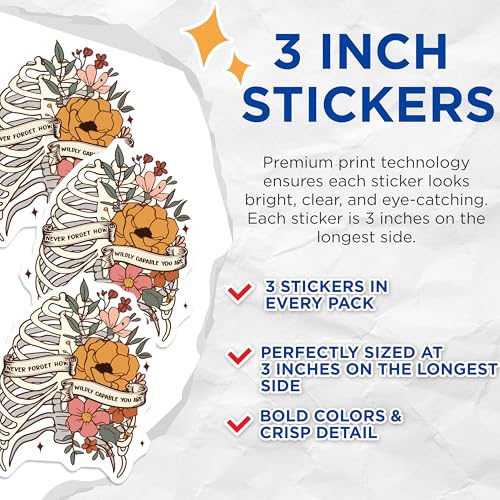 (3 Pack) Rib Cage Decals - Floral Skeleton - Motivational Stickers- 3 Inches On Longest Side - Easy Peel & Apply - Made in USA - 3MCS5202