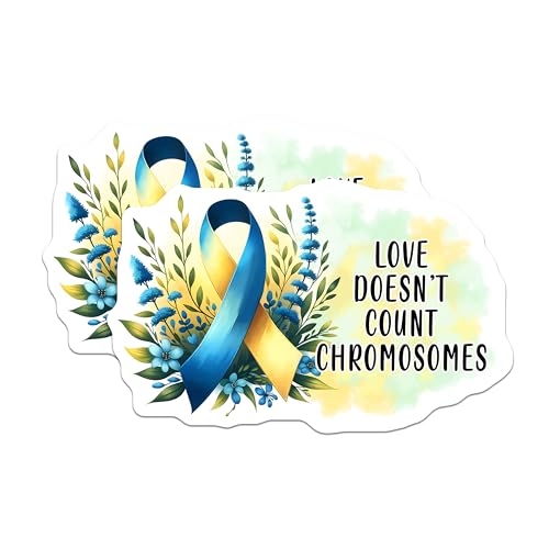 (2 Pack) Love Doesnt Count Chromosomes Magnets - Inspirational Quote - Blue and Yellow Ribbon Design - 5" On Longest Side - for Cars, Fridges, Toolboxes - Made in USA - MAG8201
