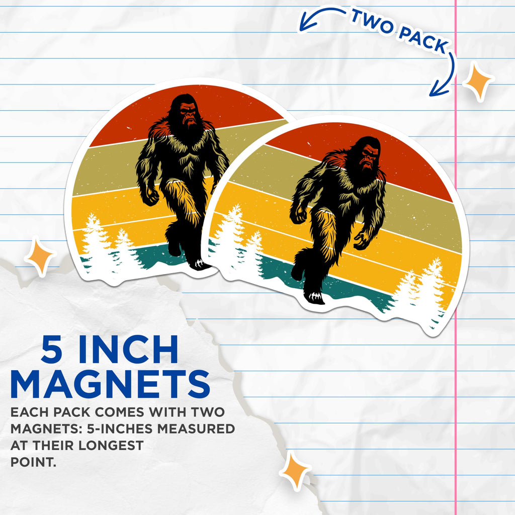 (2 Pack) Bigfoot Magnets - Sasquatch Legend Decor - Retro Outdoors Adventure Art - 5 Inches On Longest Side - Thick Durable Magnet - Made in USA - MAG22161