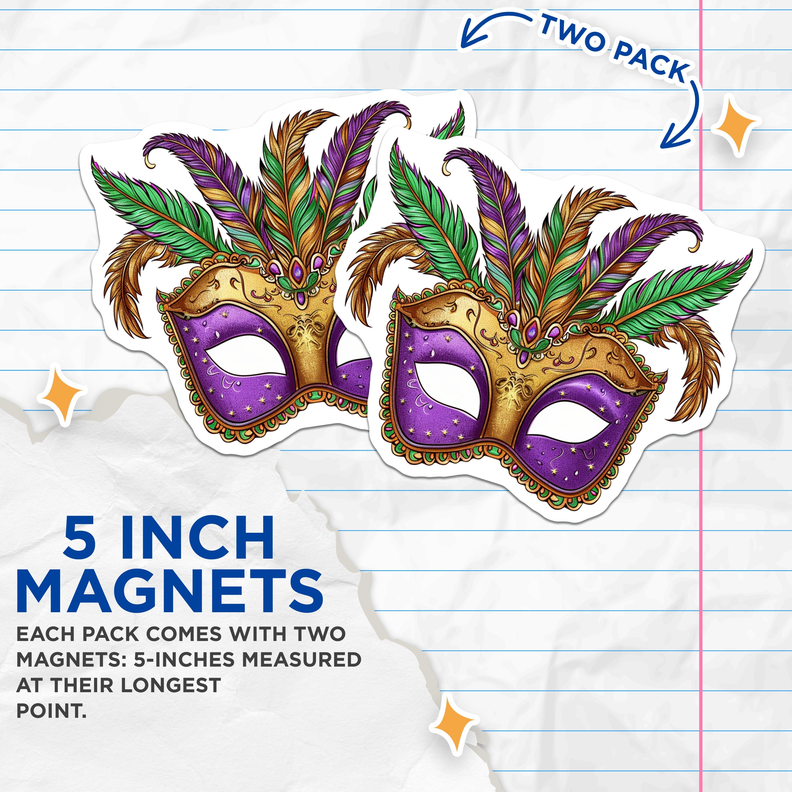 (2 Pack) Mardi Gras Mask Magnets - New Orleans Carnival Decor - Masquerade Party Favors - 5 Inches On Longest Side - Thick Durable Magnet - Made in USA - MAG38371