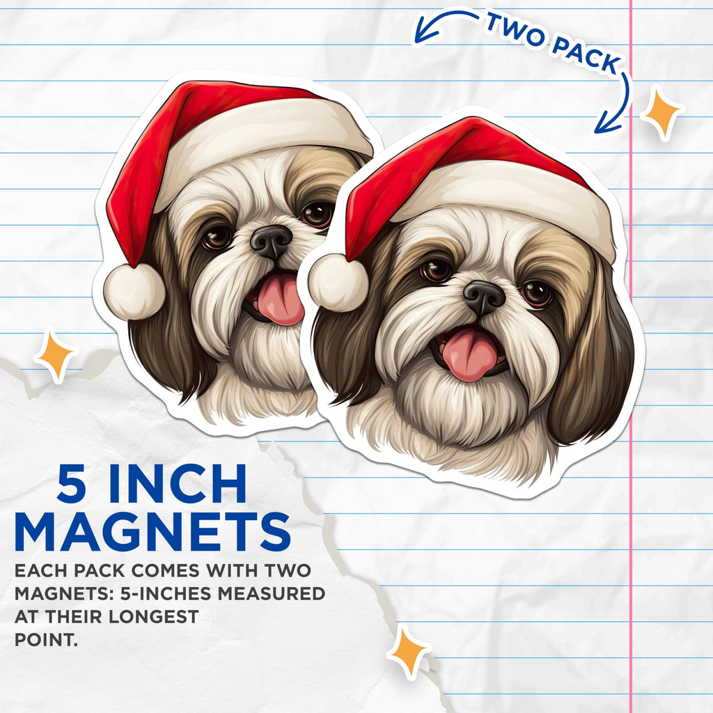 (2 Pack) Shih Tzu Magnets - Santa Hat Dog Magnet - Christmas Refrigerator Decor - Holiday Pet Lover Magnets - 5 Inches On Longest Side - Thick Durable Magnet - Made in USA - MAG28133