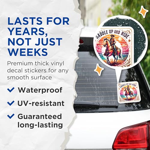 (2 Pack) Saddle Up and Ride Stickers - Western Cowboy Horse Stickers - Retro Style Adventure Stickers - 5" On Longest Side - Sticks to Smooth Flat Surfaces - Made in USA - BMCS6831