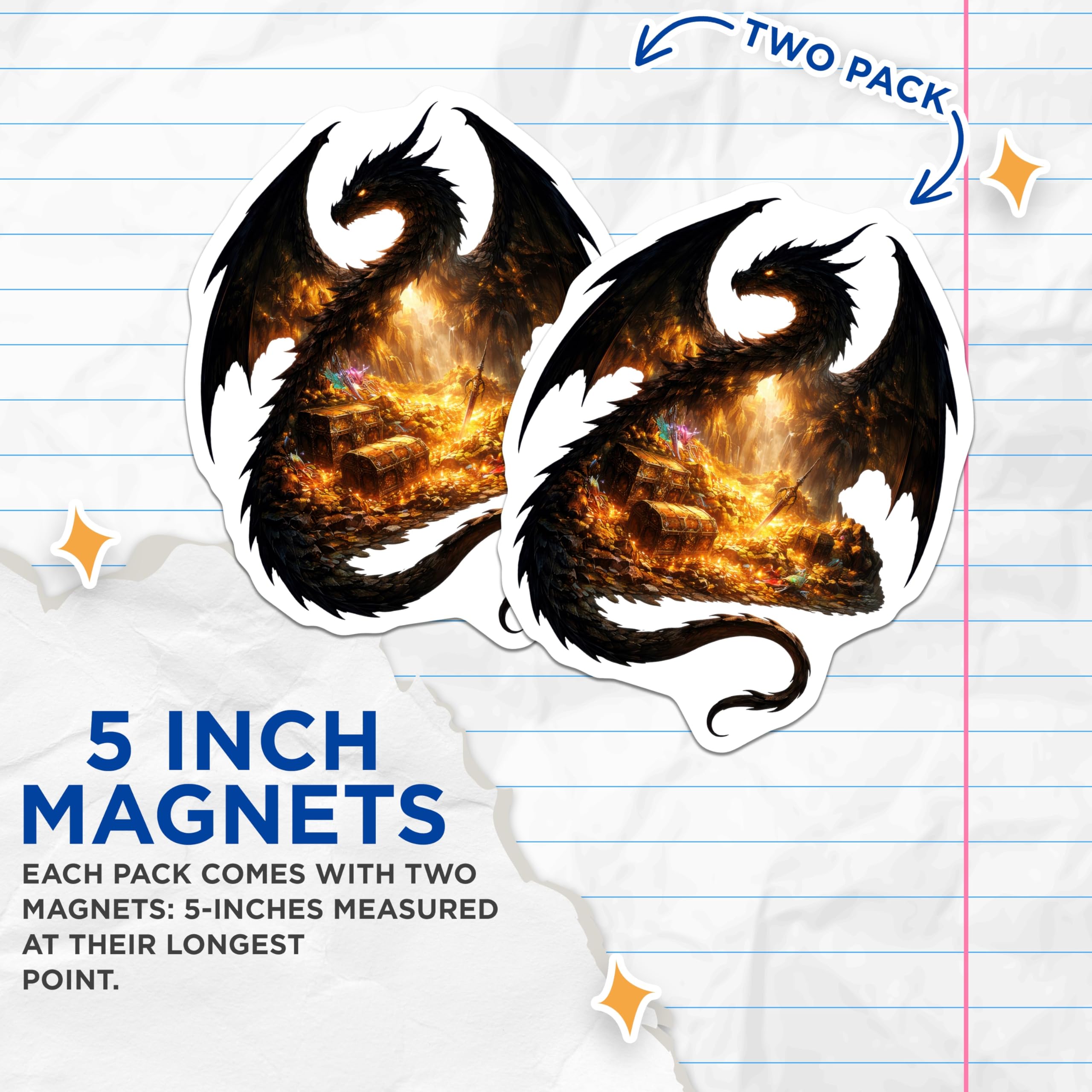 (2 Pack) Black Dragon Treasure Hoard Magnets - Fantasy Creature Gold Pile Decor - Epic Mythical Beast Dungeon RPG Art - 5 Inches On Longest Side - Thick Durable Magnet - Made in USA - MAG21475