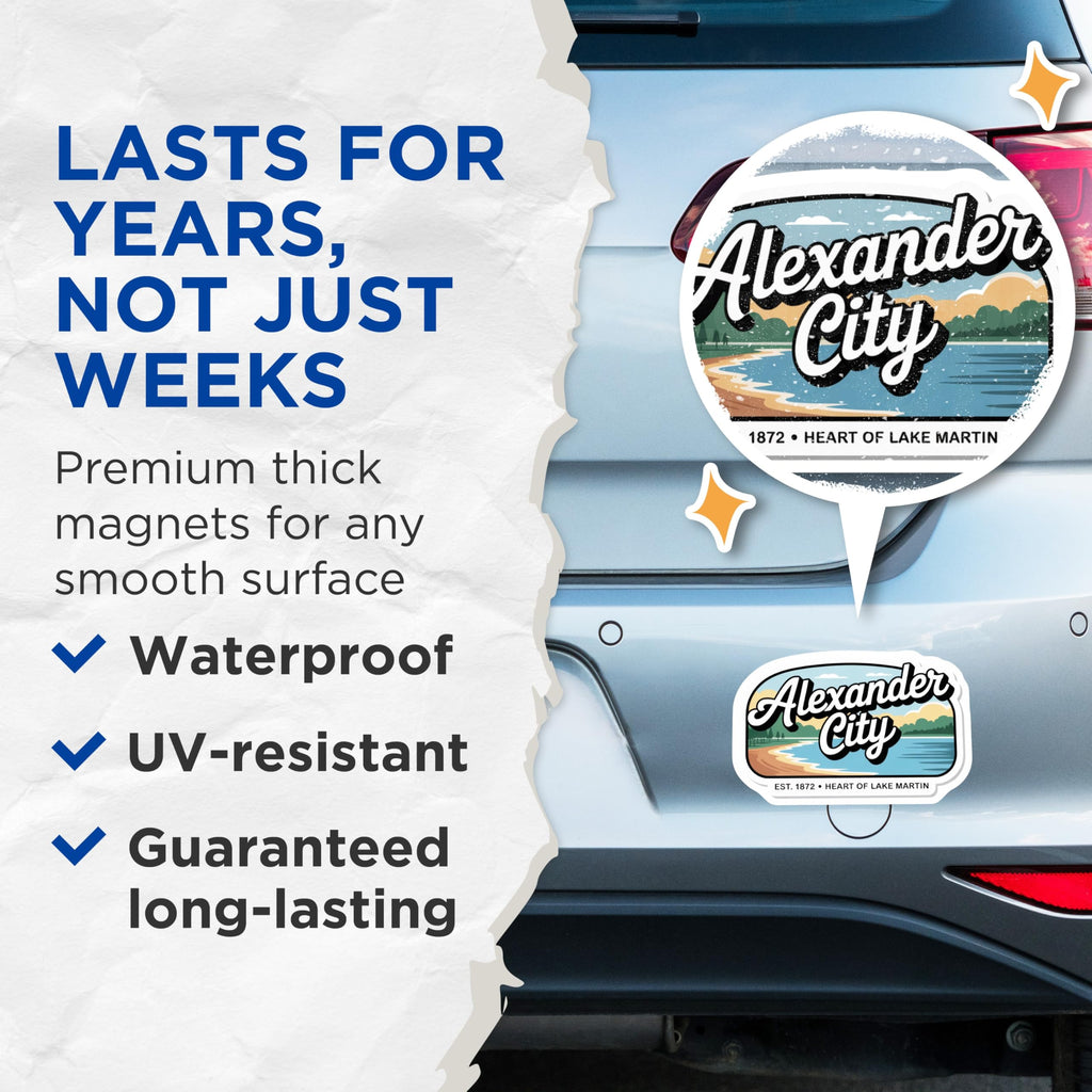 (2 Pack) Alexander City Alabama Magnets - Lake Martin Souvenir - Alabama Travel Decor - 5" On Longest Side - Premium Magnet - for Cars, Refrigerators, Toolboxes, Lockers - Made in USA - MAG18758