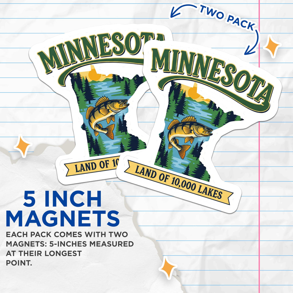 (2 Pack) Minnesota Magnets - Land of 10000 Lakes - Walleye Fishing Souvenir - 5" On Longest Side - Premium Magnet - for Cars, Refrigerators, Toolboxes, Lockers - Made in USA - MAG14454