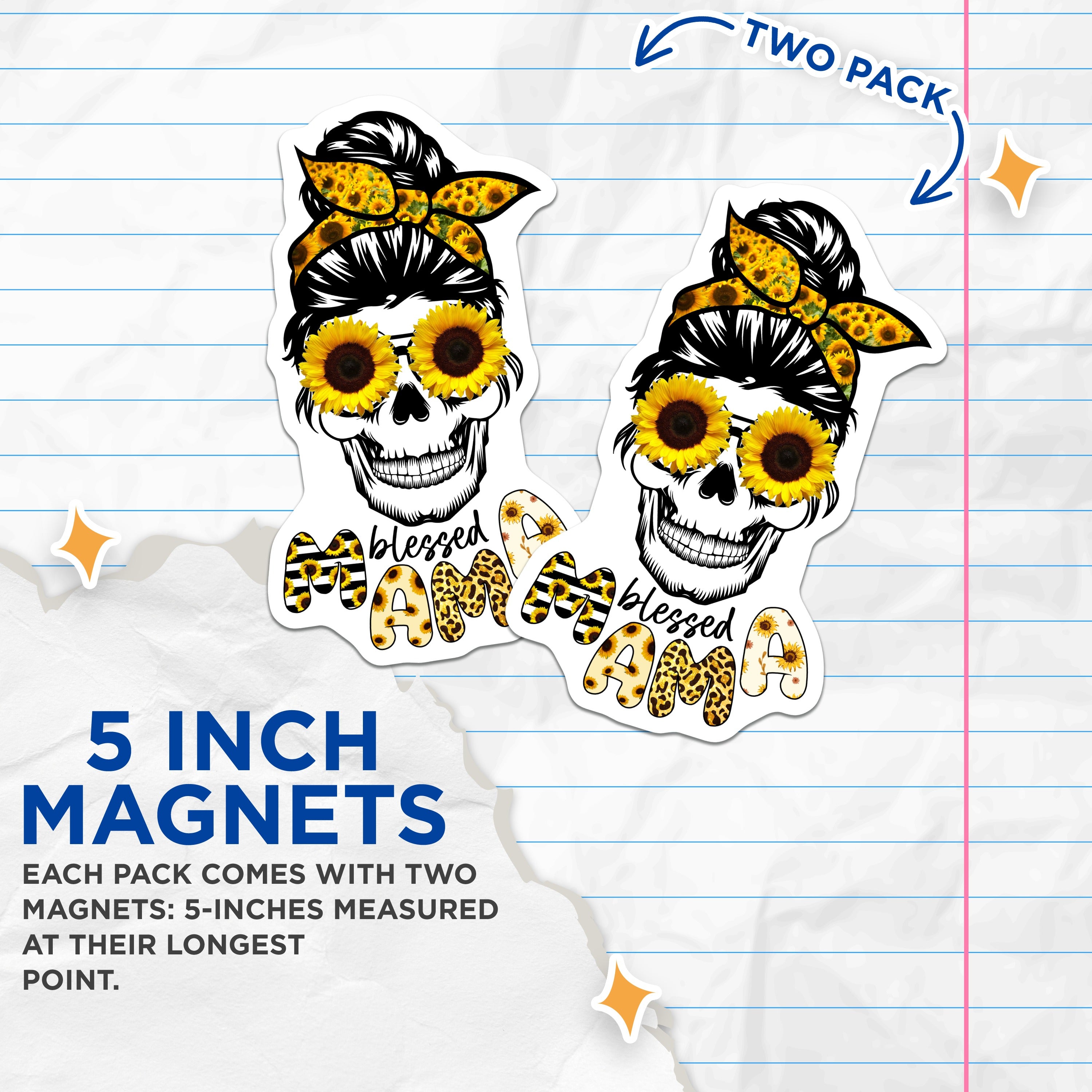 (2 Pack) Blessed Mama Skull Magnets - Sunflower Messy Bun Mom Life - Boho Leopard Print Refrigerator Decor - 5 Inches On Longest Side - Thick Durable Magnet - Made in USA - MAG39244