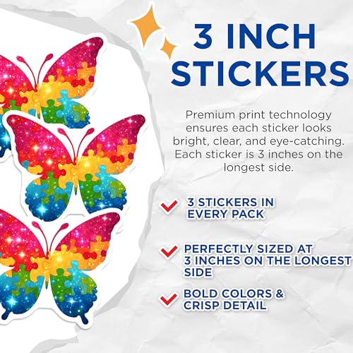 (3 Pack) Butterfly Decals - Autism Awareness - Puzzle Piece Butterfly Decal - 3 Inches On Longest Side - Easy Peel & Apply - Made in USA - 3MCS6659