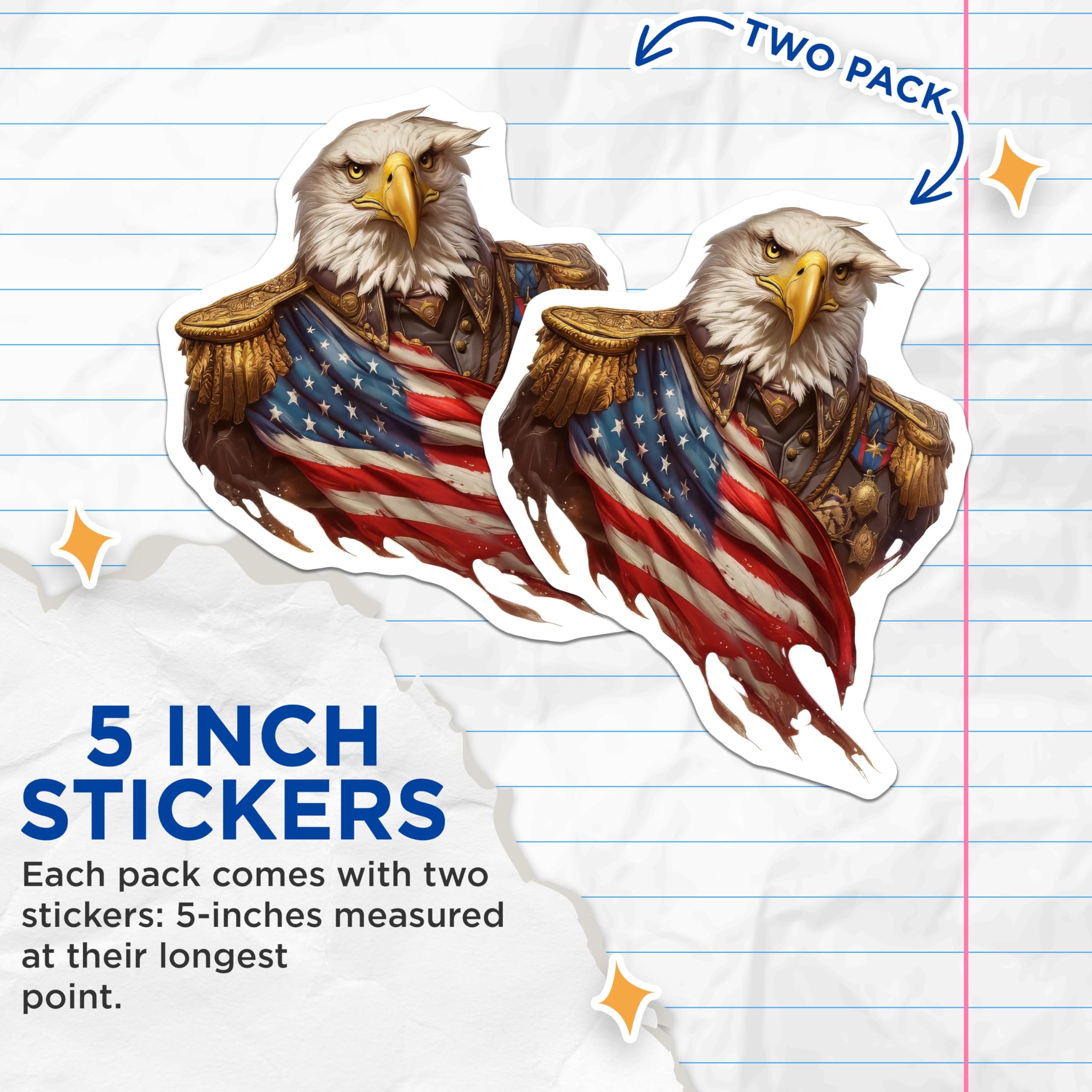 (2 Pack) Bald Eagle Stickers - American Flag Patriotism - Military Veteran Design - 5" On Longest Side - Sticks to Smooth Flat Surfaces - Made in USA - BMCS20297
