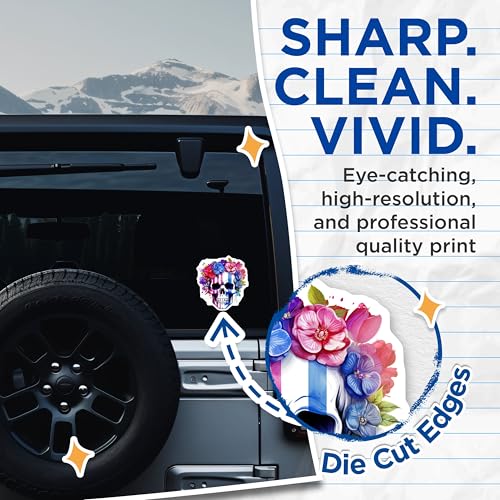 (2 Pack) Skull Flower Stickers - Colorful Skull Decal - Floral Skull Art - 5" On Longest Side - Sticks to Smooth Flat Surfaces - Made in USA - BMCS7128