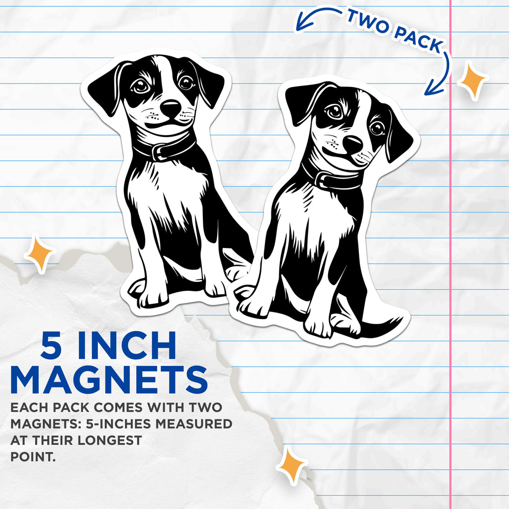 (2 Pack) Puppy Magnets - Dog Lover Fridge Decor - Pet Locker Cute Black White Animal Art Illustration - 5 Inches On Longest Side - Thick Durable Magnet - Made in USA - MAG36784