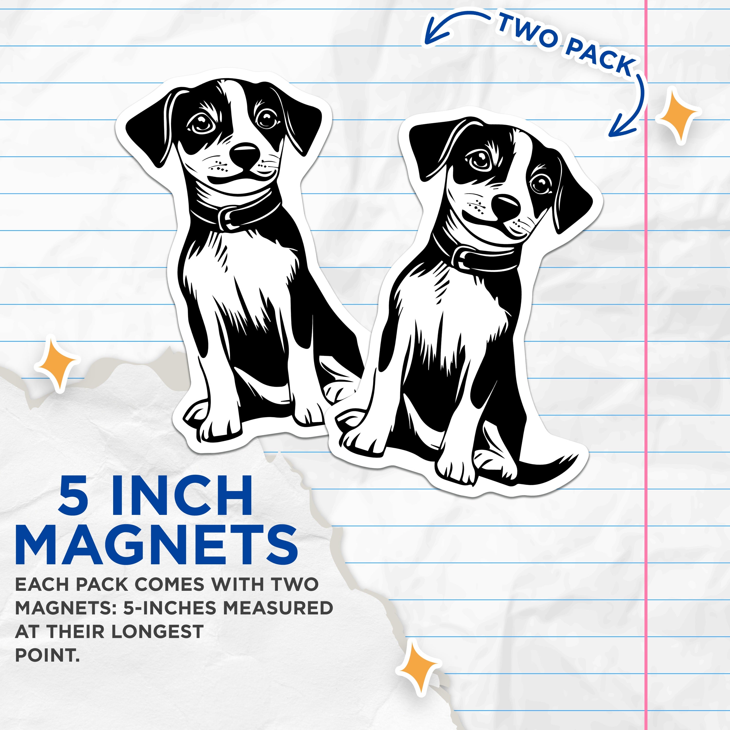 (2 Pack) Puppy Magnets - Dog Lover Fridge Decor - Pet Locker Cute Black White Animal Art Illustration - 5 Inches On Longest Side - Thick Durable Magnet - Made in USA - MAG36784
