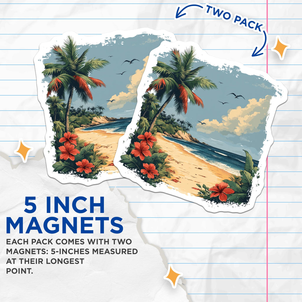 (2 Pack) Tropical Beach Scene Magnets - Palm Tree Ocean Art - Coastal Home Decor - Island Life Vacation Refrigerator Magnet - 5 Inches On Longest Side - Thick Durable Magnet - Made in USA - MAG25235