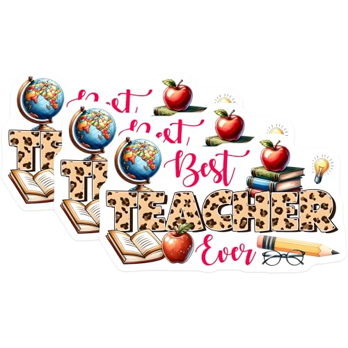 (3 Pack) Best Teacher Ever Decals - Leopard Print - Teacher Appreciation - 3 Inches On Longest Side - Easy Peel & Apply - Made in USA - 3MCS6808