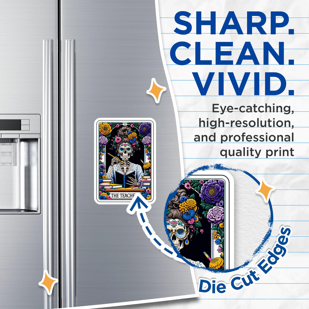 (2 Pack) Teacher Skeleton Magnets - Day of the Dead Educator Decor - Floral Tarot Card Art for Classroom Office - 5 Inches On Longest Side - Thick Durable Magnet - Made in USA - MAG24007