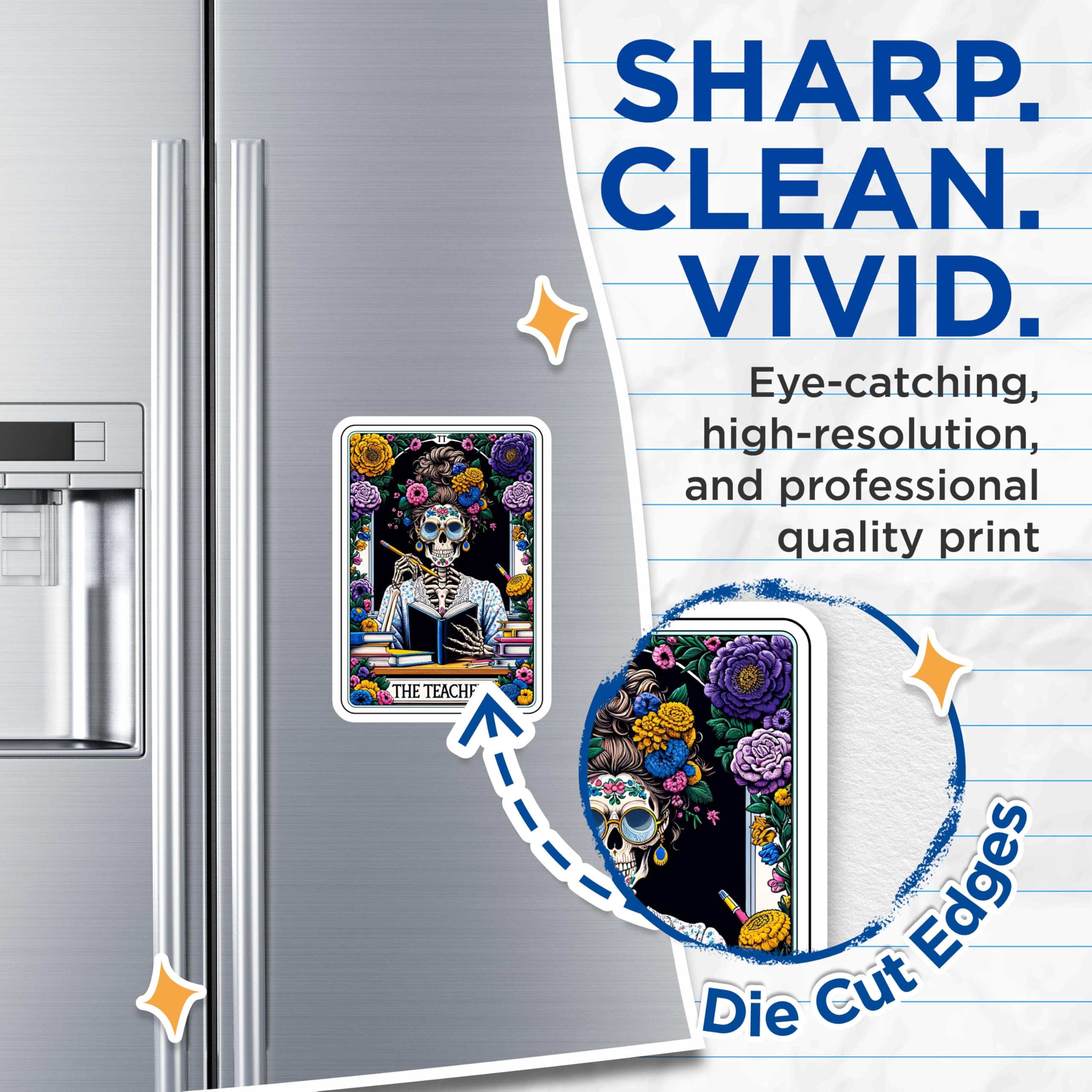 (2 Pack) Teacher Skeleton Magnets - Day of the Dead Educator Decor - Floral Tarot Card Art for Classroom Office - 5 Inches On Longest Side - Thick Durable Magnet - Made in USA - MAG24007