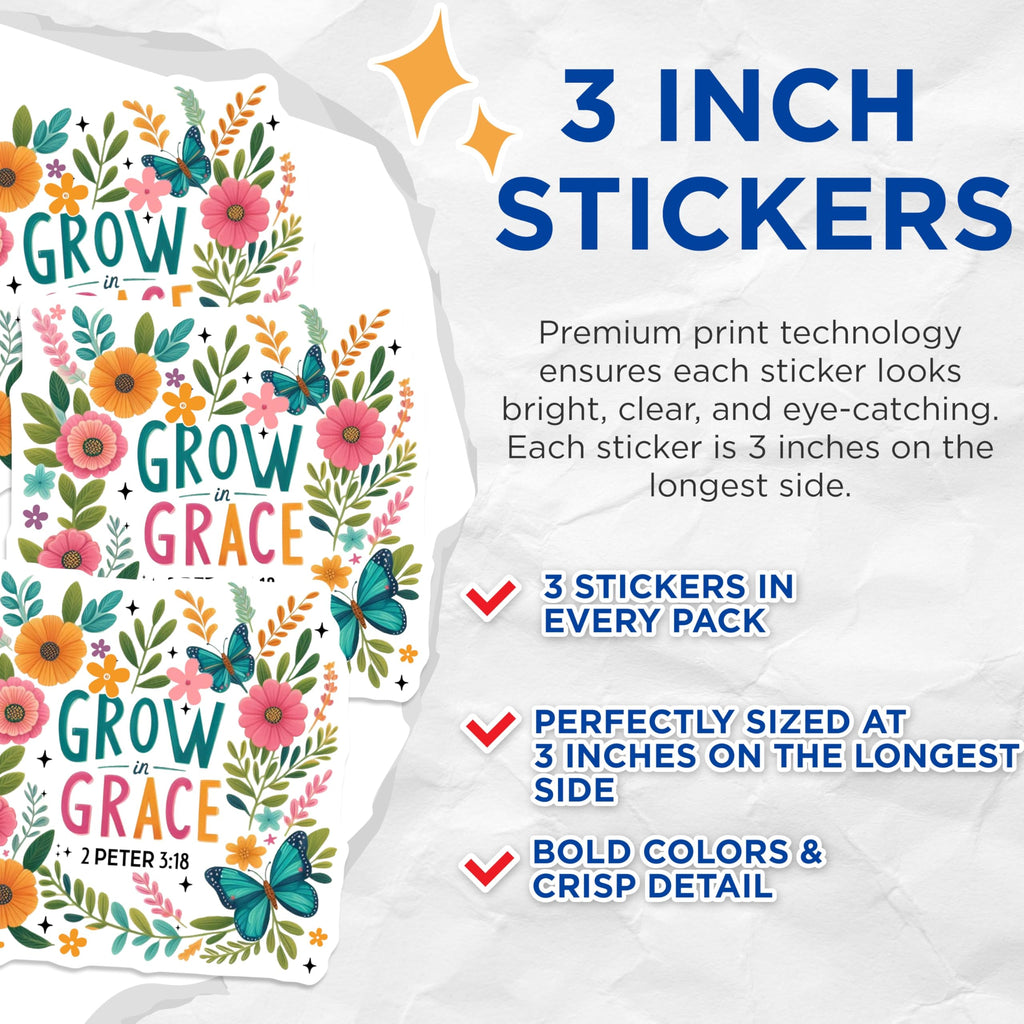 (3 Pack) Grow in Grace Decals - Floral Butterfly - 2 Peter 3 18 Scripture Verse - 3 Inches On Longest Side - Easy Peel & Apply - Made in USA - 3MCS0078