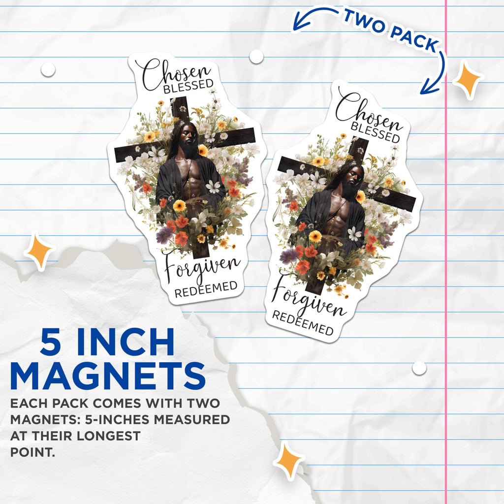 (2 Pack) Black Jesus Magnets - African American Christian Chosen Blessed Forgiven Redeemed - Floral Cross Spiritual Decor - 5 Inches On Longest Side - Thick Durable Magnet - Made in USA - MAG21914