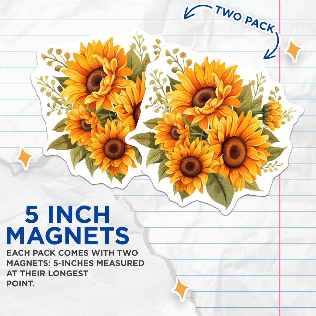 (2 Pack) Sunflower Magnets - Rustic Floral Decor - Kitchen Refrigerator Accent - 5 Inches On Longest Side - Thick Durable Magnet - Made in USA - MAG38931