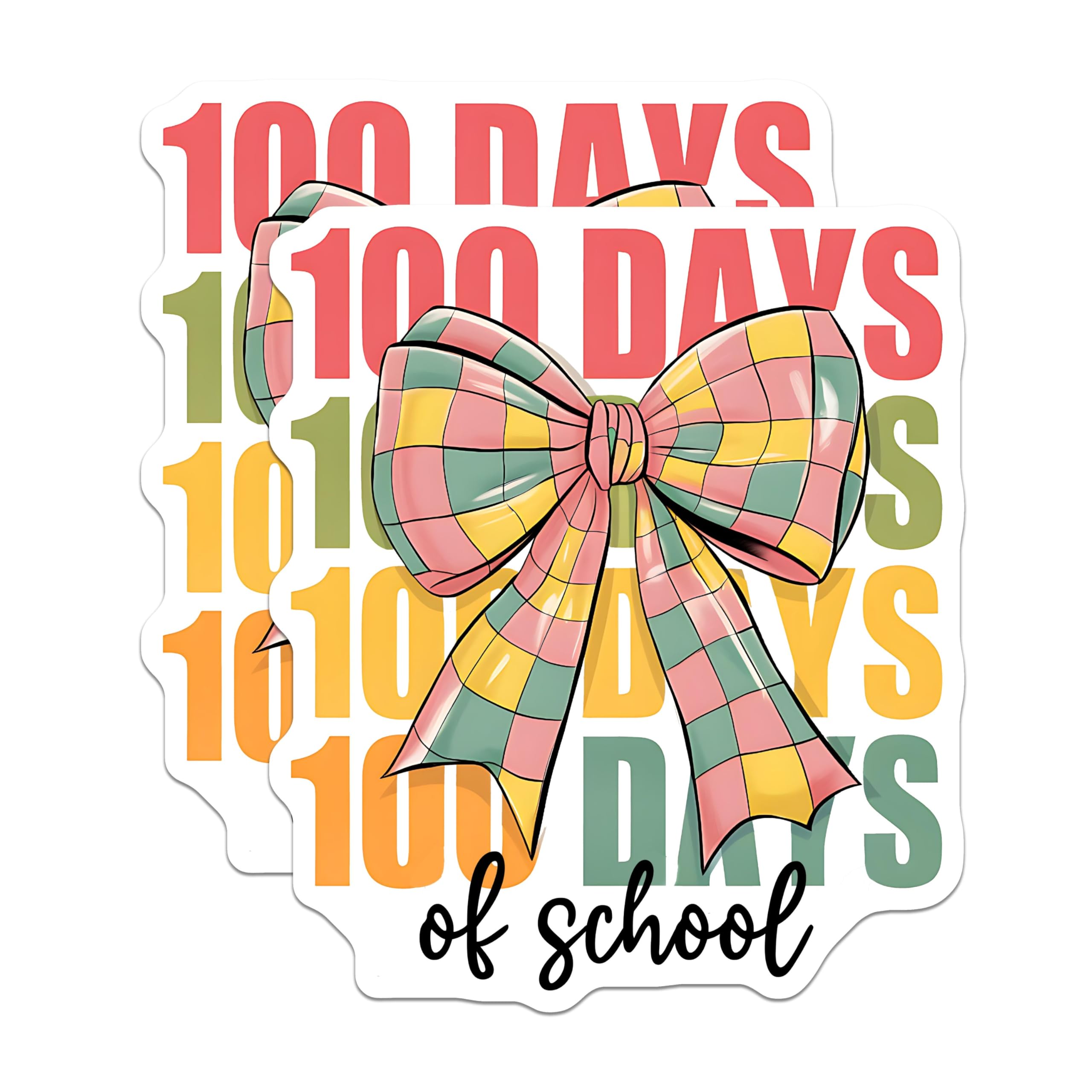 (2 Pack) 100 Days of School Stickers - Colorful Checkered Bow Stickers - Classroom Celebration Stickers - 5" On Longest Side - Sticks to Any Smooth Flat Surface - Made in USA - BMCS3402