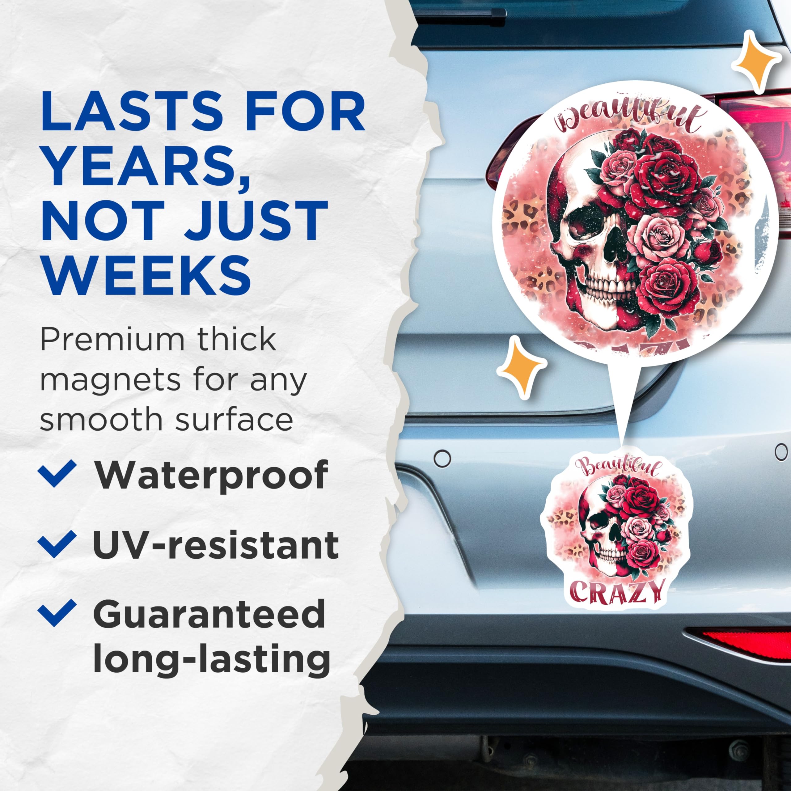 (2 Pack) Skull Roses Magnets - Beautiful Crazy Slogan - Floral Skull Decoration - 5" On Longest Side - Premium Magnet - for Cars, Refrigerators, Toolboxes, Lockers - Made in USA - MAG16251