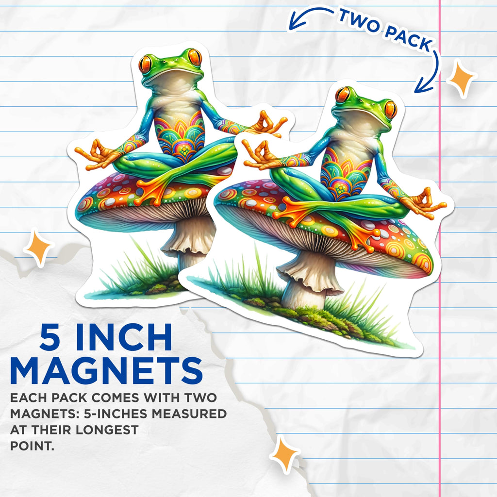 (2 Pack) Yoga Frog Magnets - Mushroom Decor - Funny Fridge Frog - 5" On Longest Side - Premium Magnet - for Cars, Refrigerators, Toolboxes, Lockers - Made in USA - MAG16492