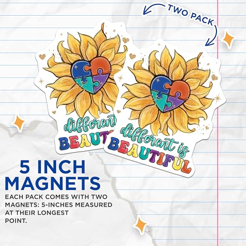 (2 Pack) Sunflower Puzzle Heart Magnets - Different is Beautiful - Inspirational Magnets - Autism Awareness - 5" On Longest Side - for Cars, Fridges, Toolboxes - Made in USA - MAG4154