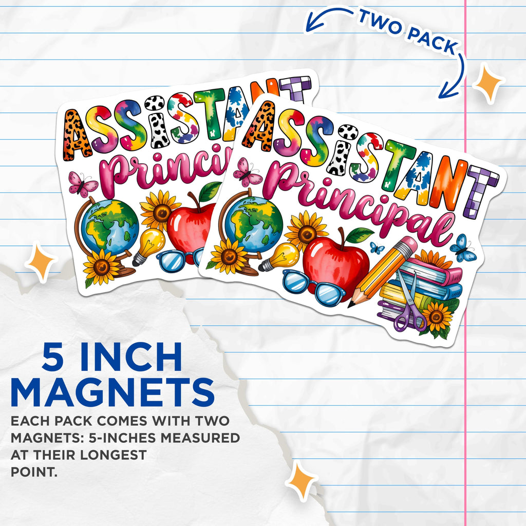 (2 Pack) Assistant Principal Magnets - School Administrator Decor - Educator Appreciation Office Art - 5 Inches On Longest Side - Thick Durable Magnet - Made in USA - MAG27622