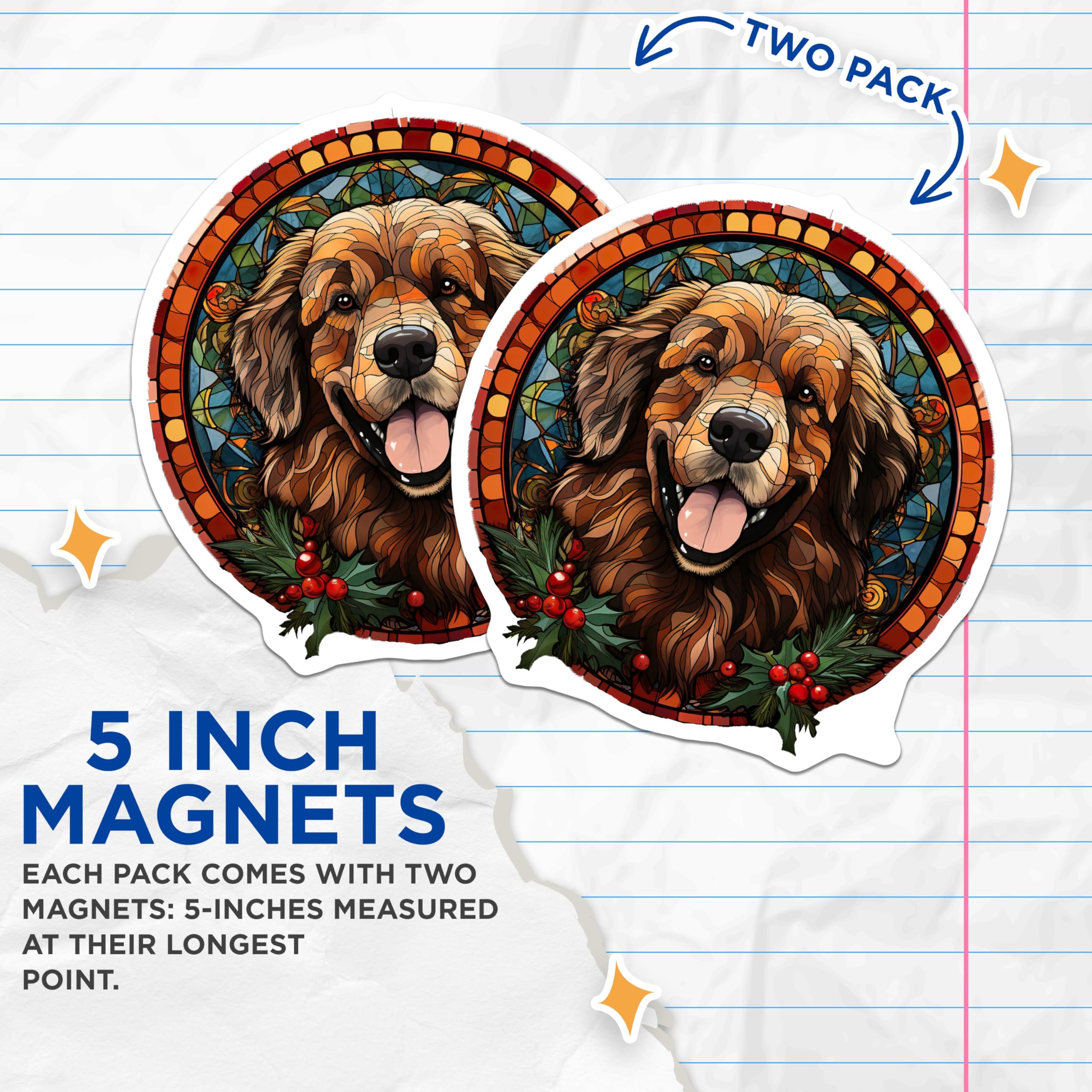 (2 Pack) Golden Retriever Stained Glass Magnets - Christmas Dog Decor - Pet Lover Fridge Art for Dog Mom - 5 Inches On Longest Side - Thick Durable Magnet - Made in USA - MAG28007