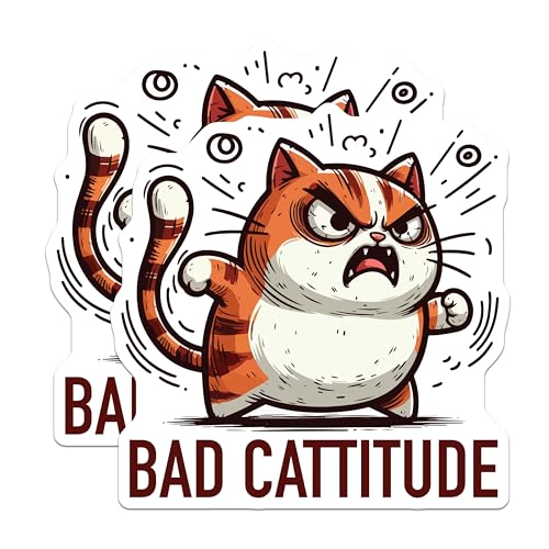 (2 Pack) Bad Cattitude Stickers - Angry Cat - Funny Cat Meme - 5" On Longest Side - Sticks to Smooth Flat Surfaces - Made in USA - BMCS5957