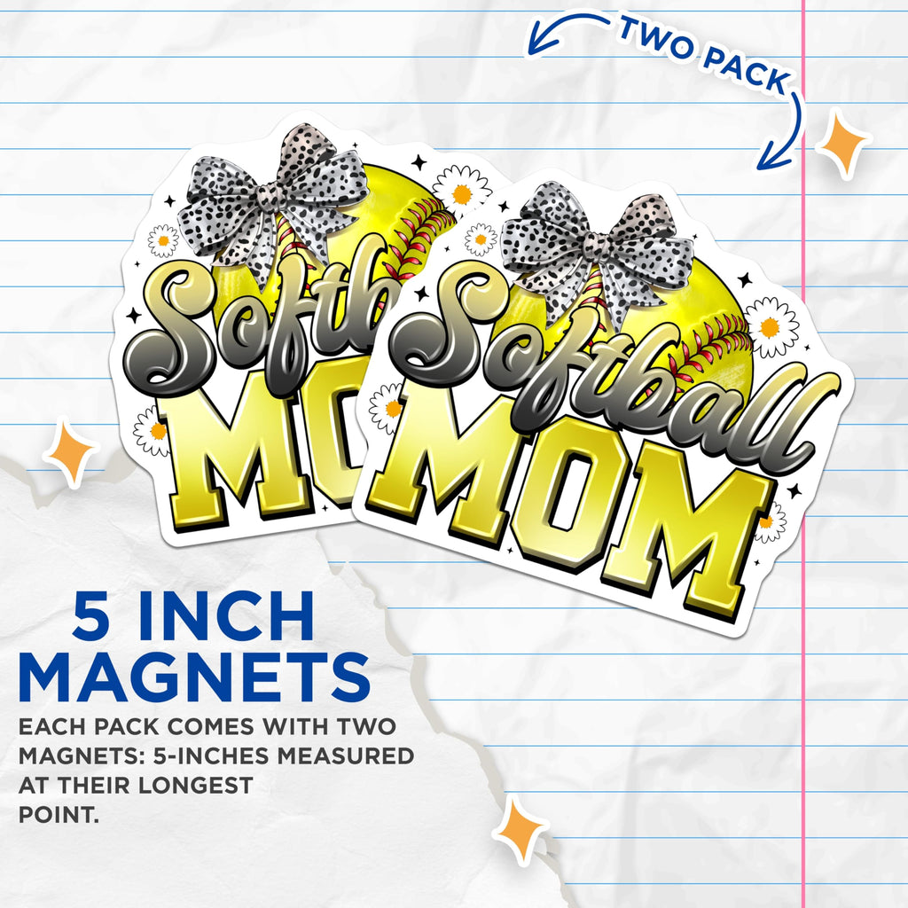 (2 Pack) Softball Mom Magnets - Team Mom Decor - Game Day Support - 5 Inches On Longest Side - Thick Durable Magnet - Made in USA - MAG26017