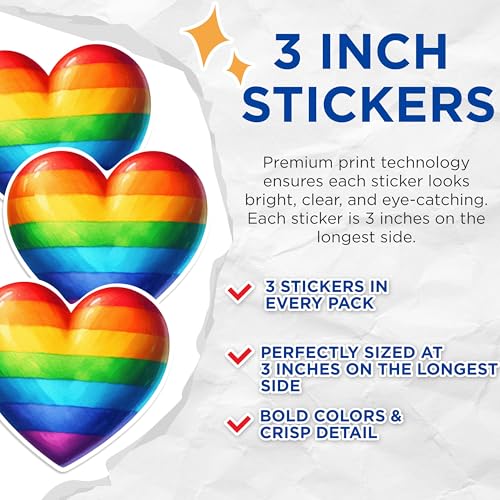 (3 Pack) Rainbow Heart Decals - LGBTQ Pride - Love Wins Stickers - 3 Inches On Longest Side - Easy Peel & Apply - Made in USA - 3MCS1184