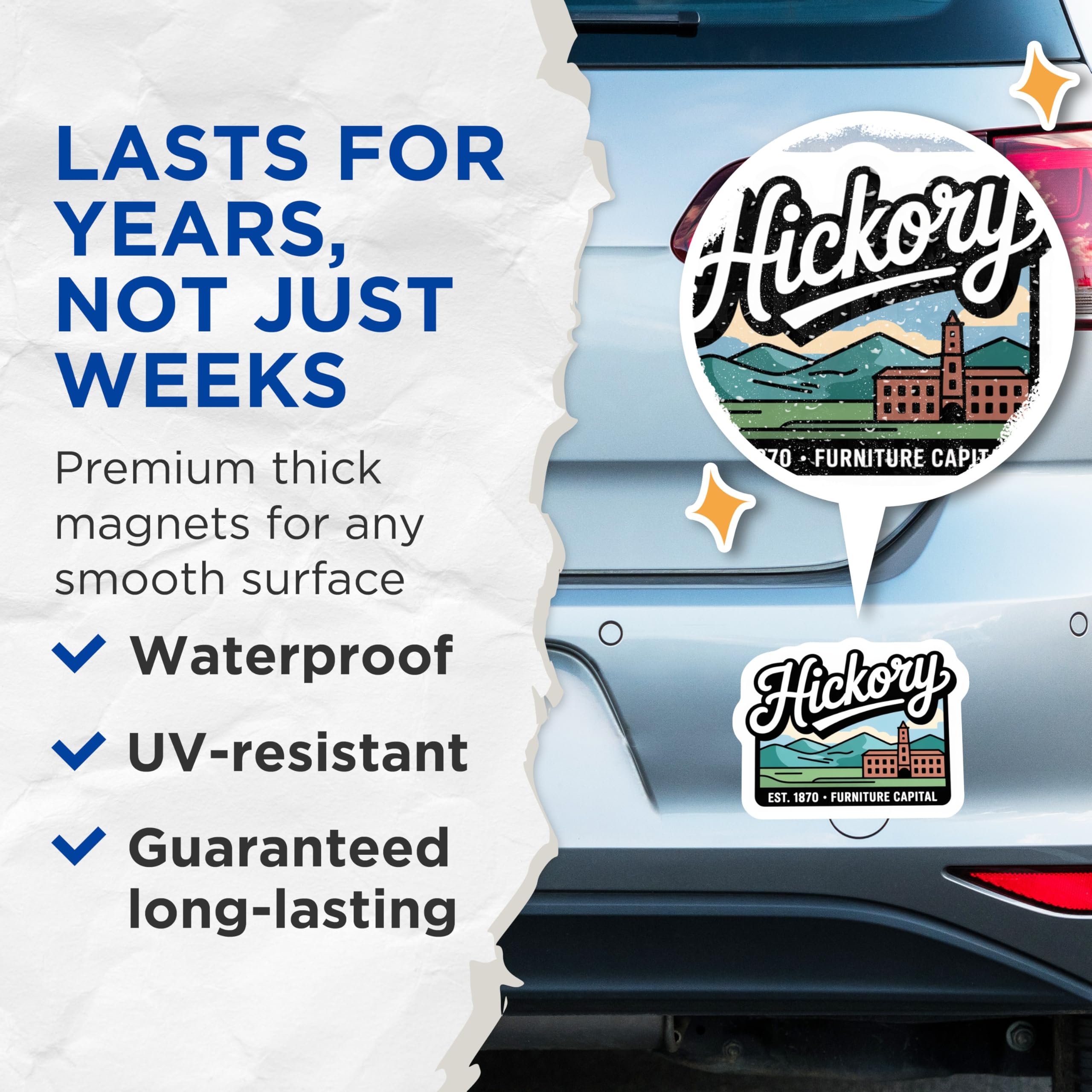 (2 Pack) Hickory Magnets - Furniture Capital Souvenir - North Carolina Decor - 5" On Longest Side - Premium Magnet - for Cars, Refrigerators, Toolboxes, Lockers - Made in USA - MAG17243