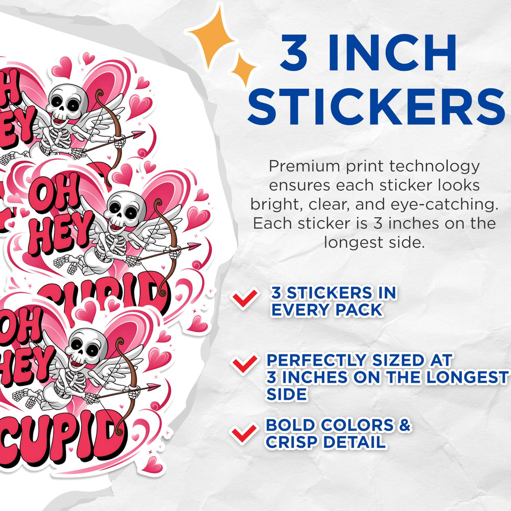 (3 Pack) Oh Hey Cupid Decals - Funny Valentine Decals - Skeleton Cupid Stickers - 3 Inches On Longest Side - Easy Peel & Apply - Made in USA - 3MCS1806