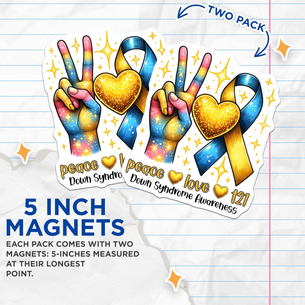 (2 Pack) Down Syndrome Awareness Magnets - Peace Love T21-5" On Longest Side - for Cars, Fridges, Toolboxes - Made in USA - MAG8198