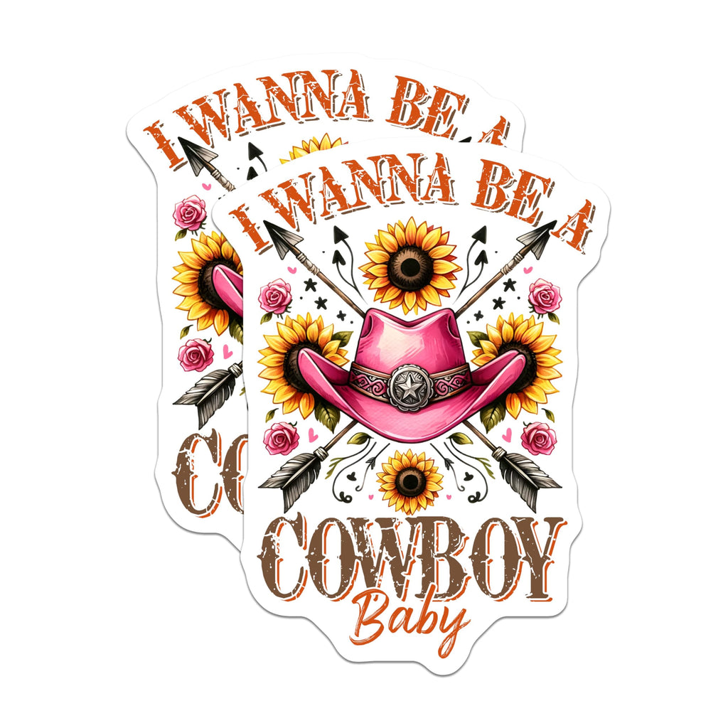 (2 Pack) I Wanna Be a Cowboy Baby Stickers - Pink Cowboy Hat Stickers - Floral Western Stickers - 5" On Longest Side - Sticks to Any Smooth Flat Surface - Made in USA - BMCS3147