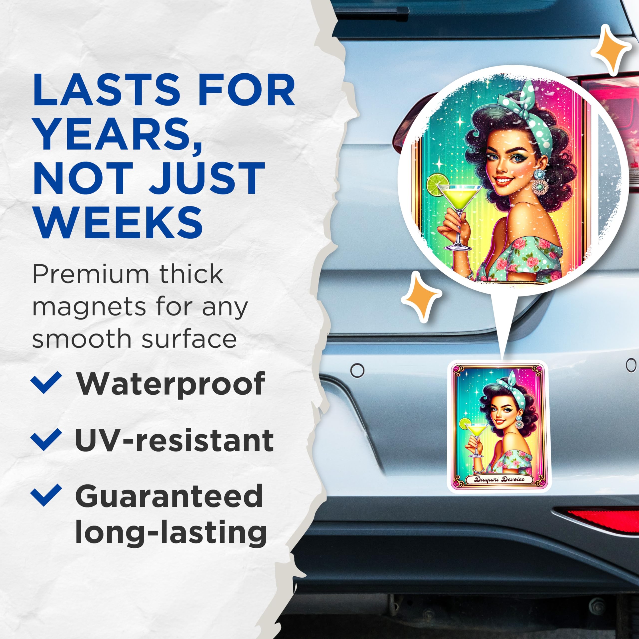 (2 Pack) Daiquiri Devotee Magnets - Pin Up Girl Art - Retro Bar Decor - 5 Inches On Longest Side - Thick Durable Magnet - Made in USA - MAG22633