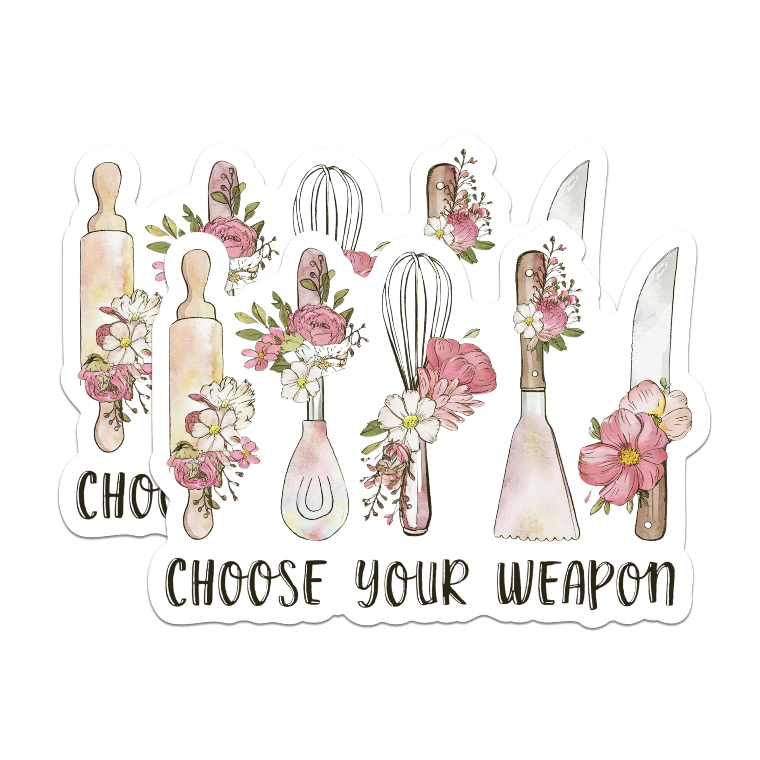 (2 Pack) Kitchen Utensil Floral Stickers - Cooking Themed Stickers - Unique Kitchen Decor - 5" On Longest Side - Sticks to Any Smooth Flat Surface - Made in USA - BMCS2874